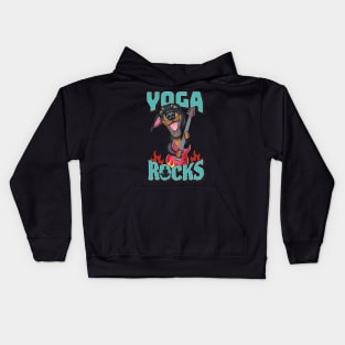 Yoga Rocks with cute doxie dog playing guitar tee Kids Hoodie